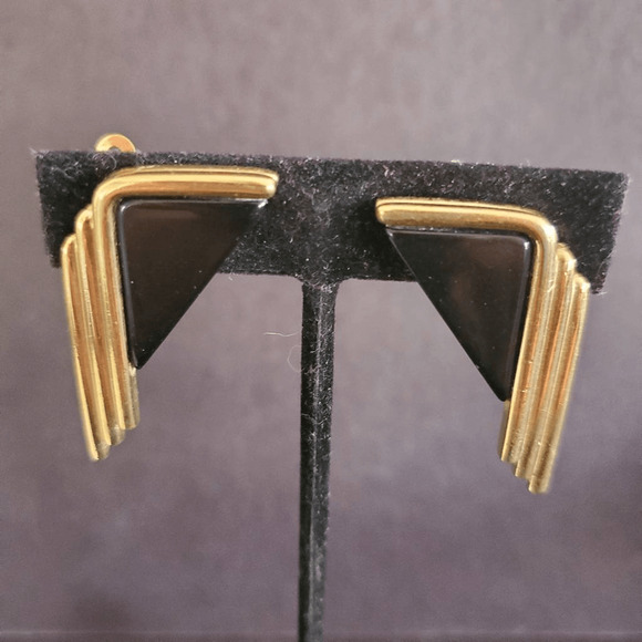 VTG Givenchy Triangle Clip On Earrings Gold Plate with‎ Black Enamel Signed - Picture 2 of 6